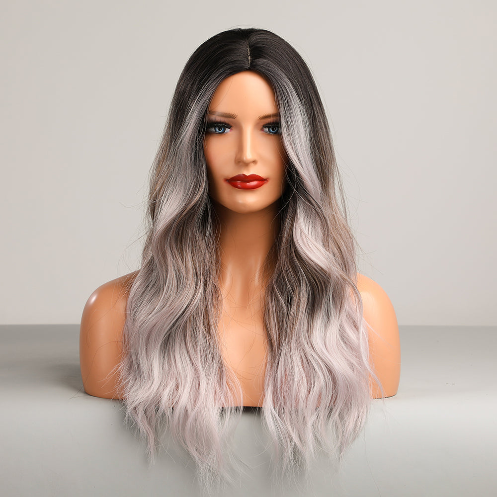 Color: gradient gray brown platinum wig Style: long curly wig Length: 28 inch wig