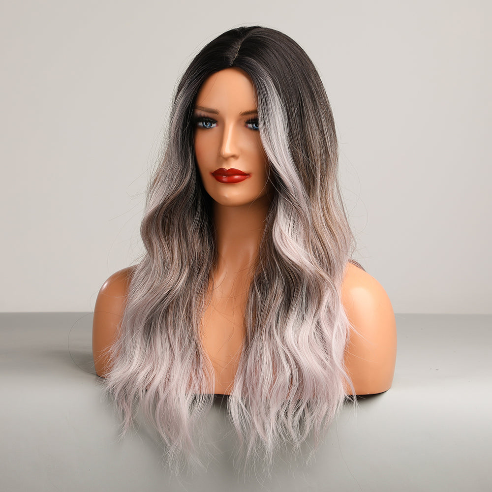 Color: gradient gray brown platinum wig Style: long curly wig Length: 28 inch wig