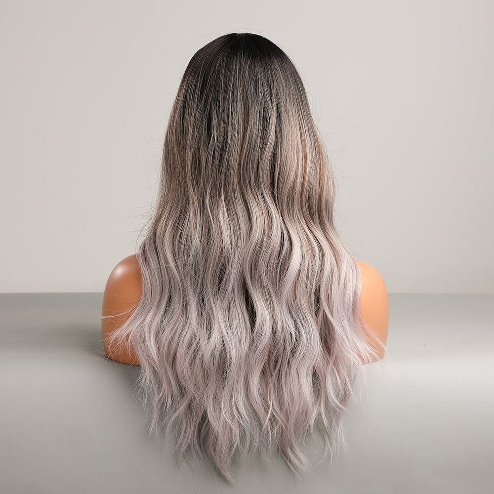 Color: gradient gray brown platinum wig Style: long curly wig Length: 28 inch wig