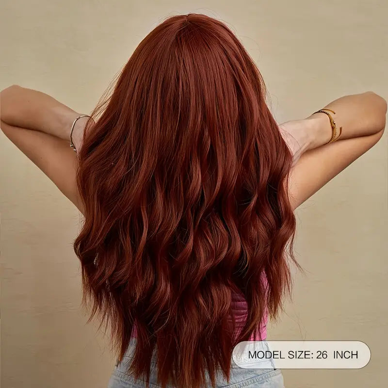 Long Wavy Wig With Bangs Red-brown