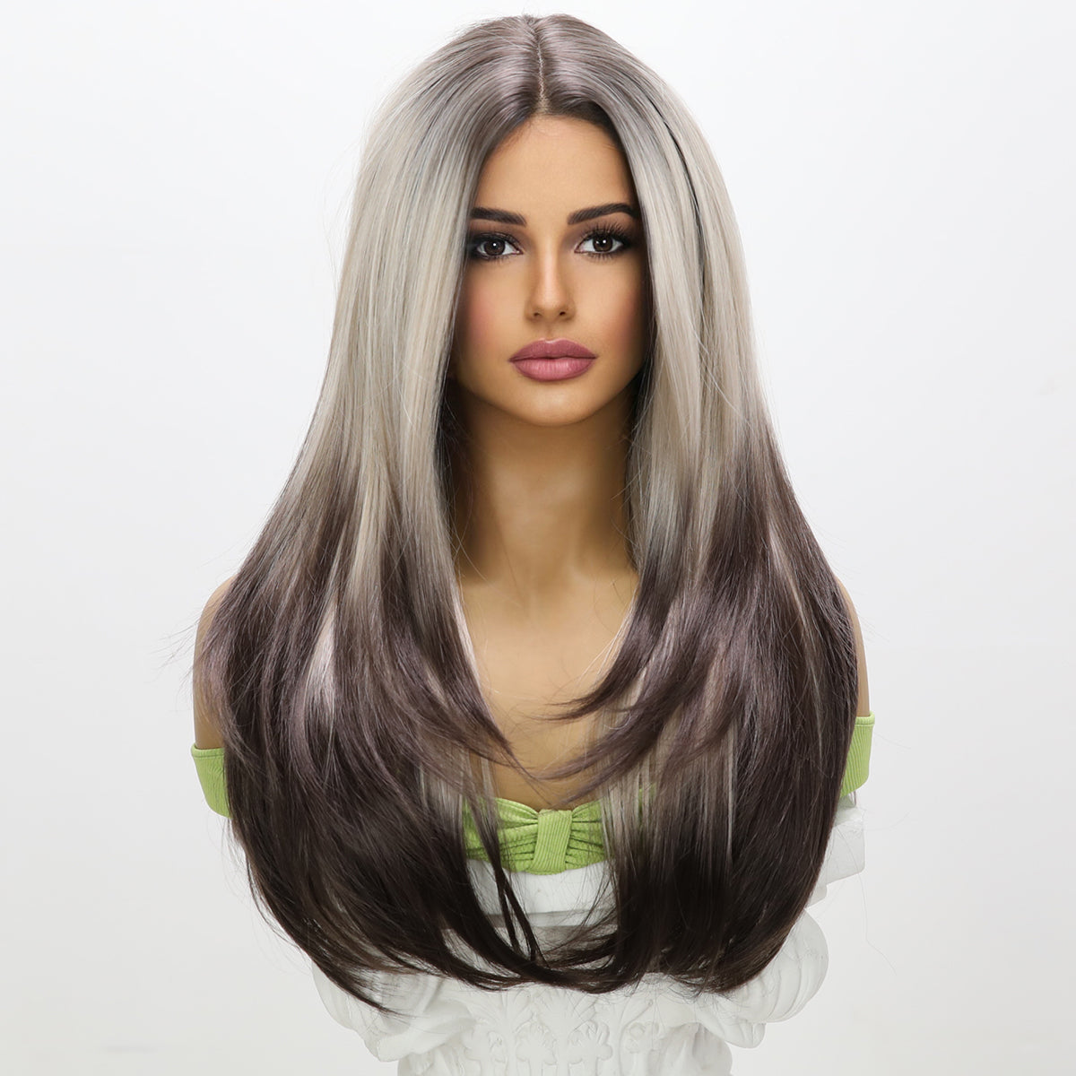 Aitana | Grey Dark Brown Gradient | Straight | T-Part 13*5*1 Lace Front | 28 Inches | SM9217 | Apn Popinrow