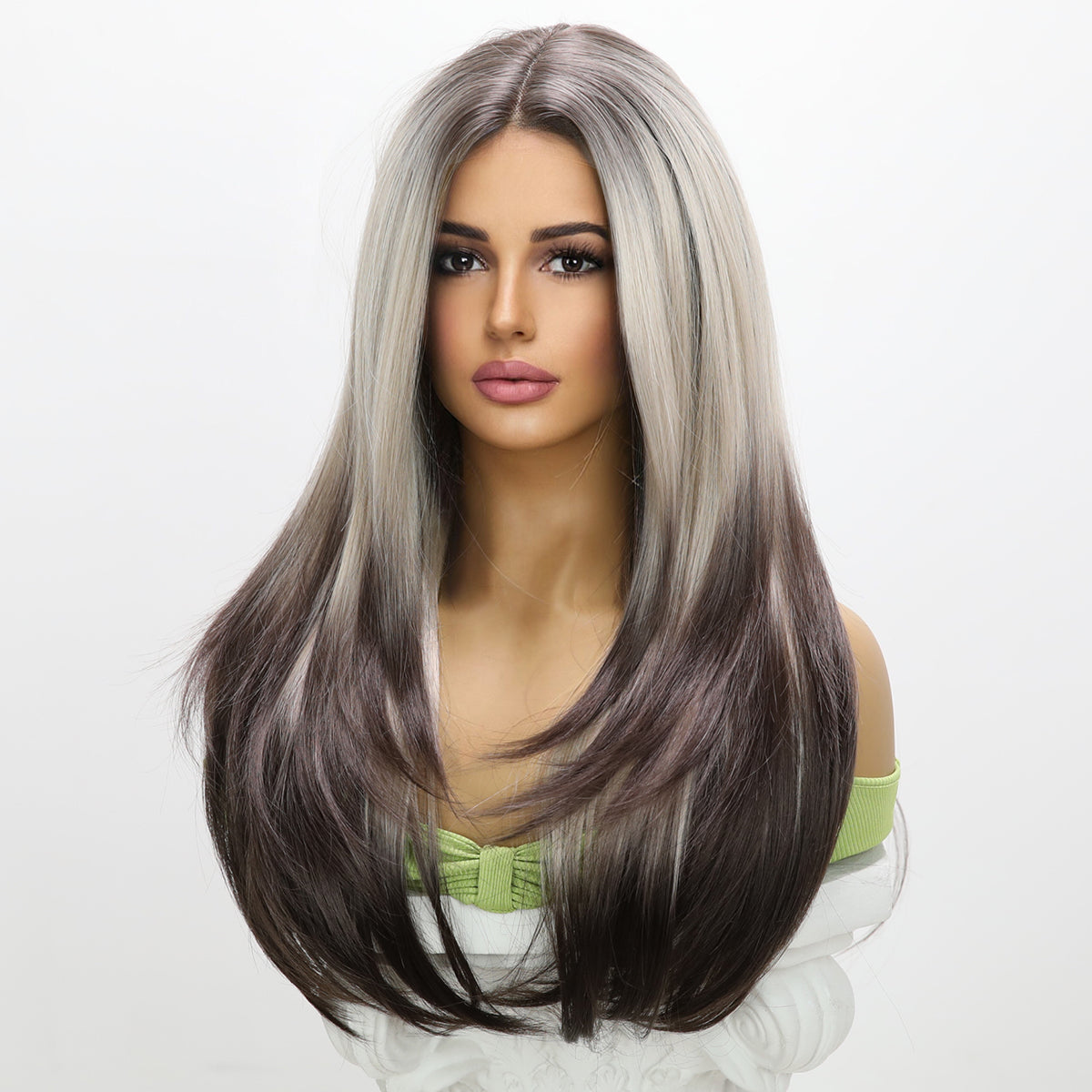 Aitana | Grey Dark Brown Gradient | Straight | T-Part 13*5*1 Lace Front | 28 Inches | SM9217 | Apn Popinrow