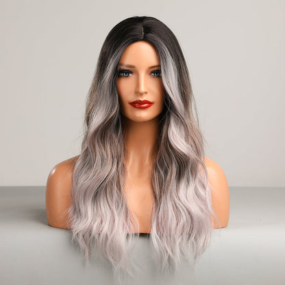 Color: gradient gray brown platinum wig Style: long curly wig Length: 28 inch wig
