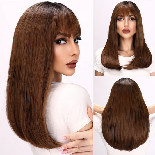 Arianna | Brown Gradient Wig | Straight Bob Wig with Bangs | 26 Inch Wig | TM Pop