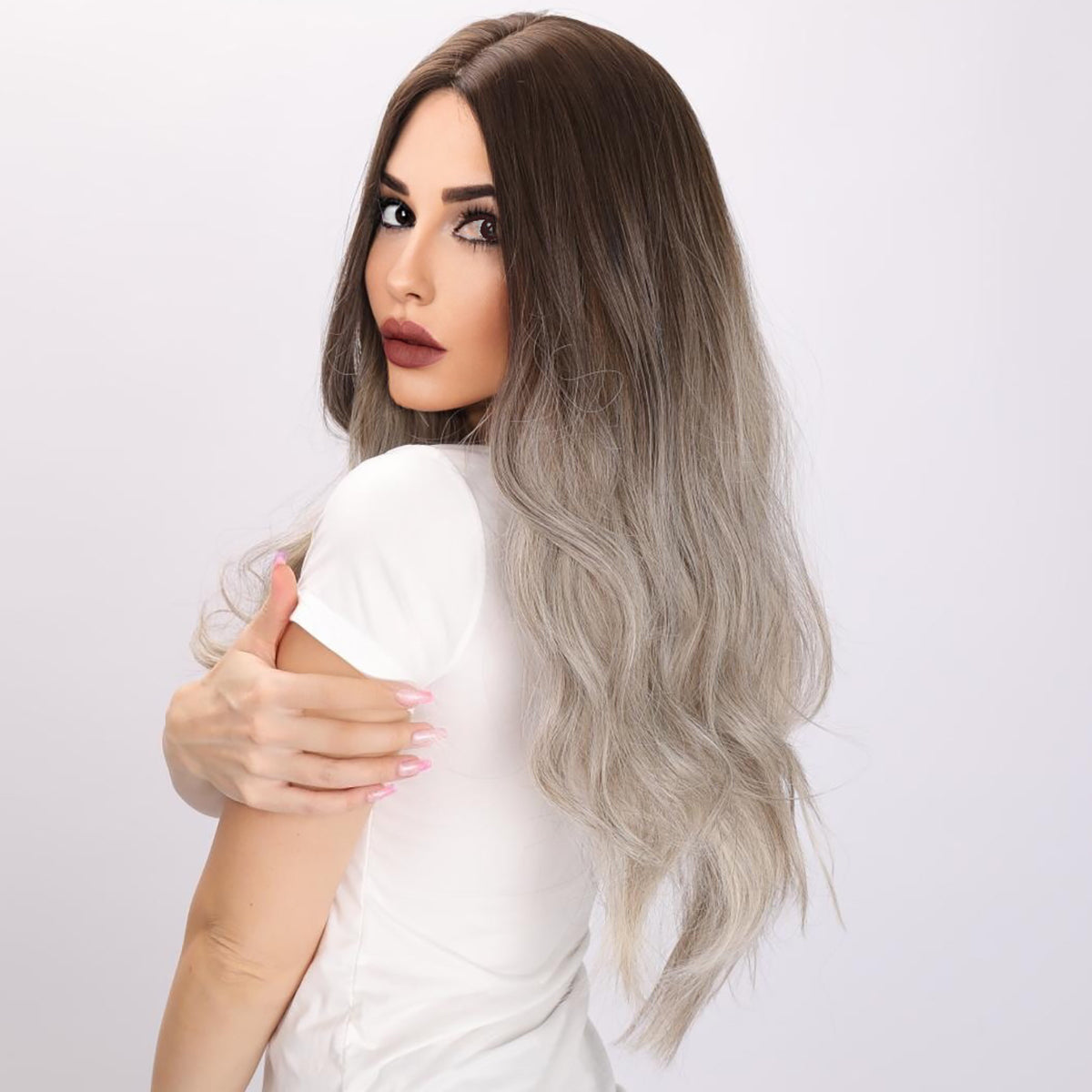 Emerson | Brown and Gray Gradient Wig | Body Wave Wig | 26 Inch Wig | TM Pop