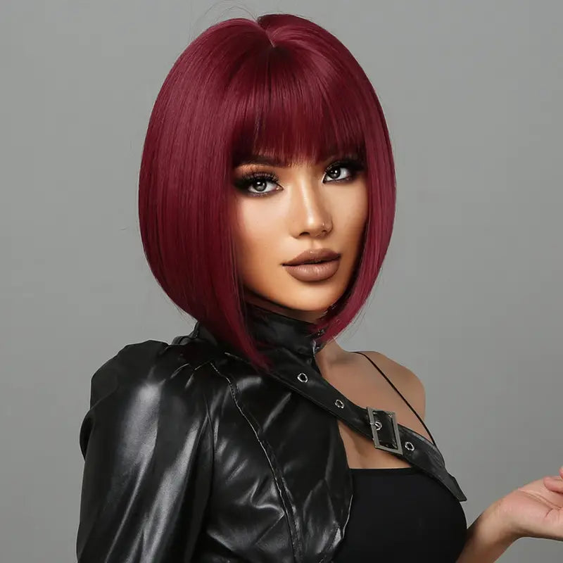 Short Bob Straight Wine Red Synthetic Bangs Wigs For Women Cosplay Party Daily Use High Temperature Fiber